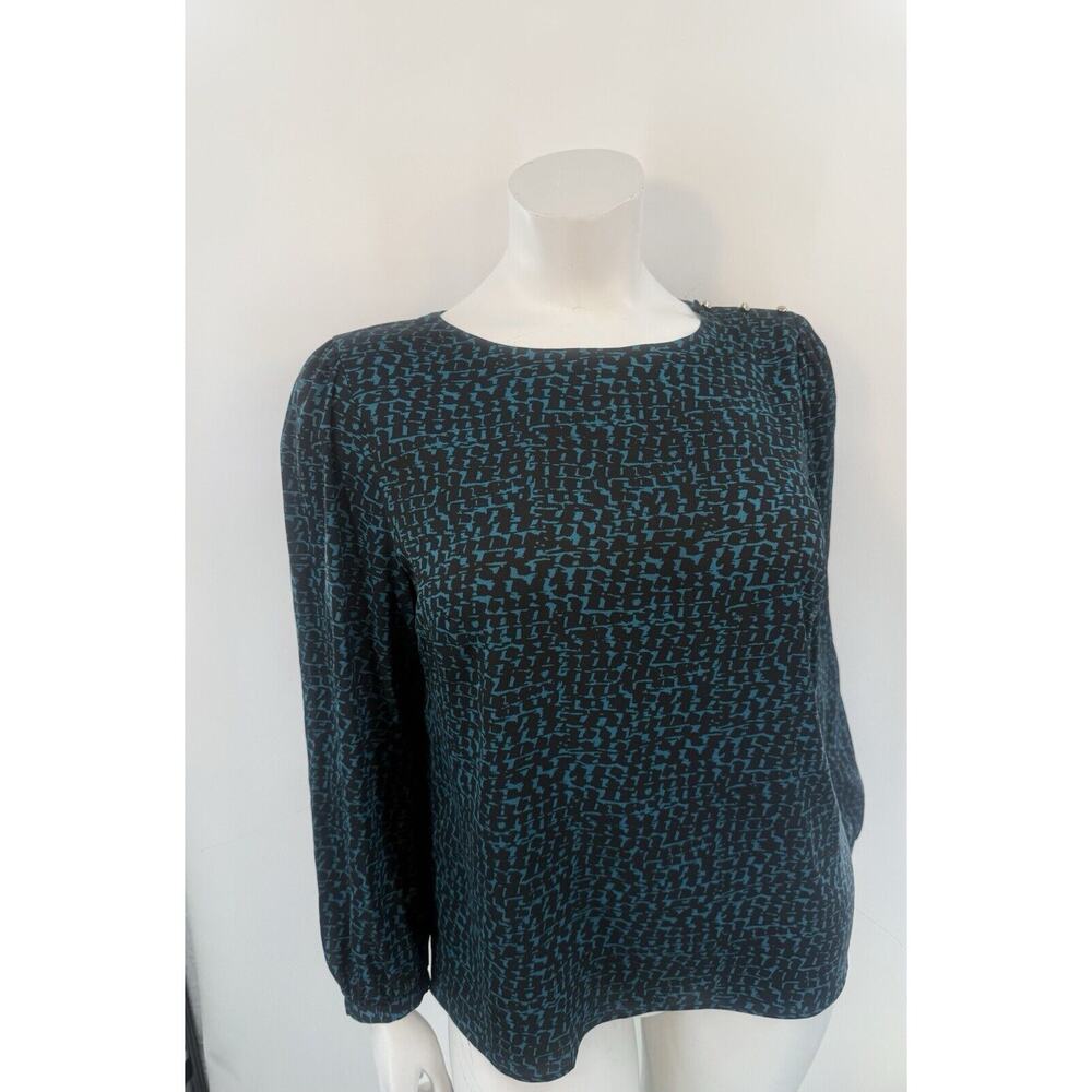 Ann Taylor Women’s Xl Business Casual Top Blouse Black With Blue Print Buttons
